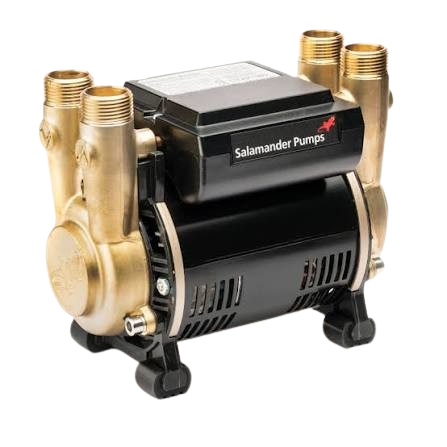 Salamander brass shower pump for a domestic plumbing system